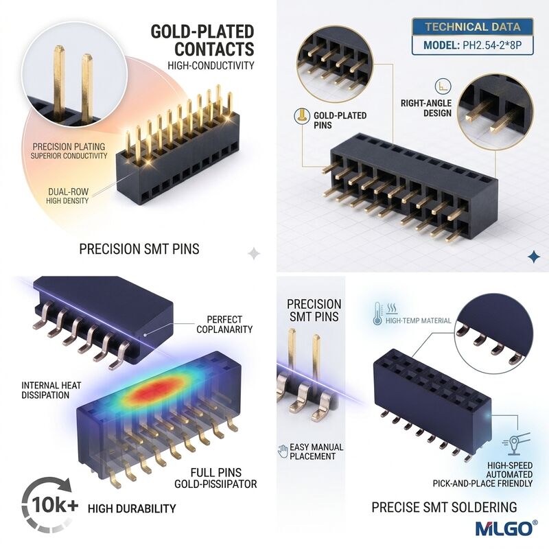 Conector Fêmea de Encaixe Dupla Fila Elevada de 15mm com Perna Longa de Passo 2.54mm