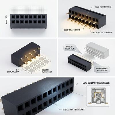 Cabeçalho revestido estilo 2.54MM Conector feminino de dupla fileira Ouro Flash PA6T PCB polarizado com chave através do buraco